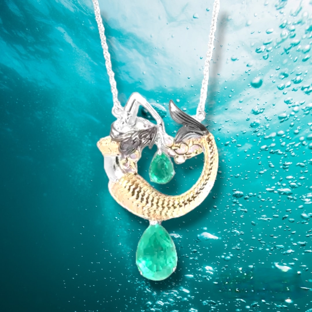 NWT ONE OF A KIND EMERALDINE QUARTZ MERMAID NECKLACE 14KYG OVER STERLING SILVER